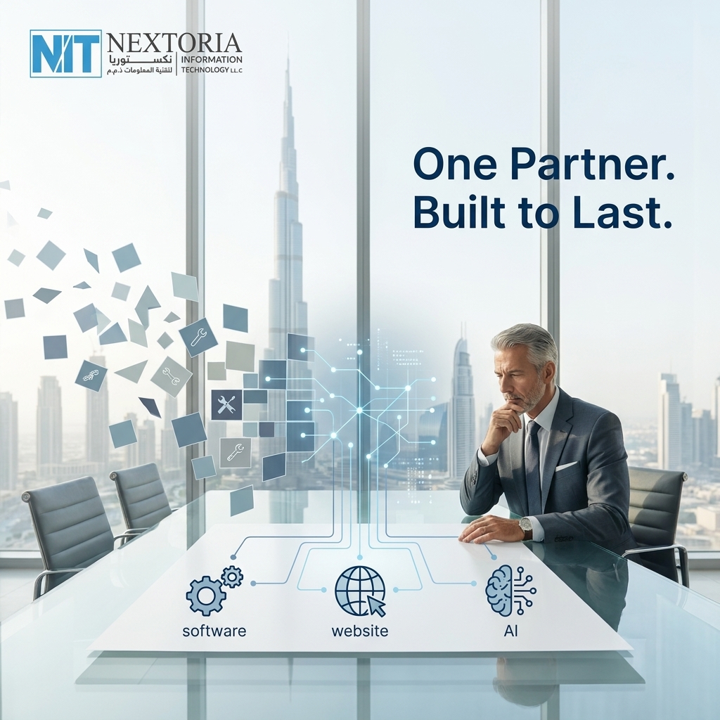 Nextoria Facebook ad: One partner for build, web, AI.