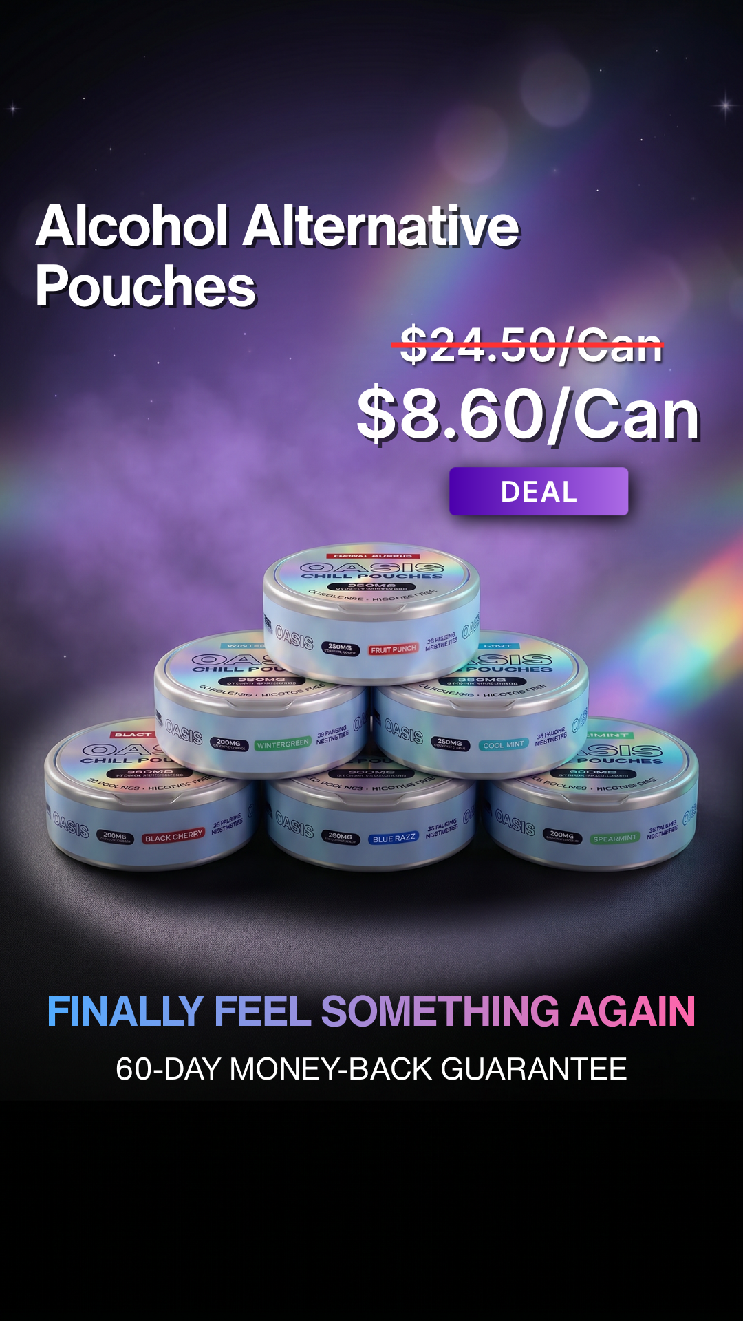 Oasis Pouches Facebook ad: 0% Alcohol. 100% Real Buzz.