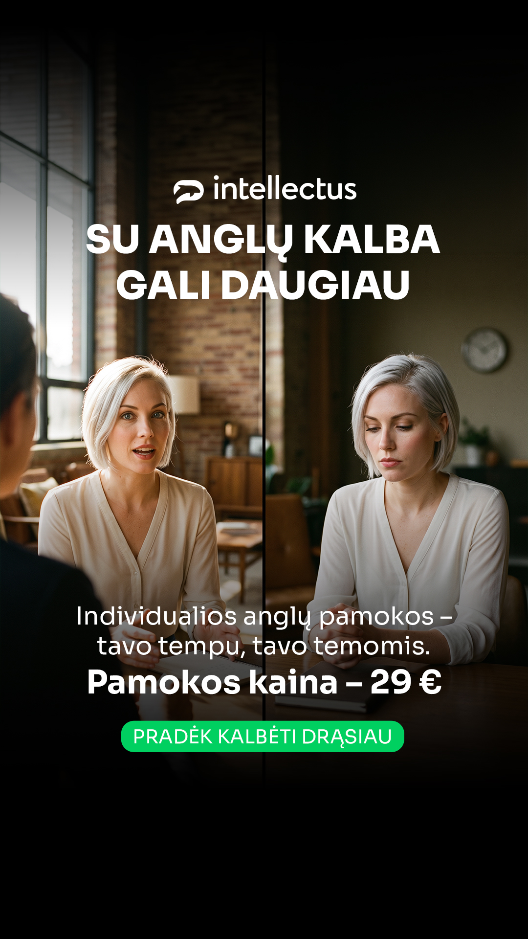 Anglų kalbos mokykla Intellectus Facebook ad: Pamokos kaina, 29 €