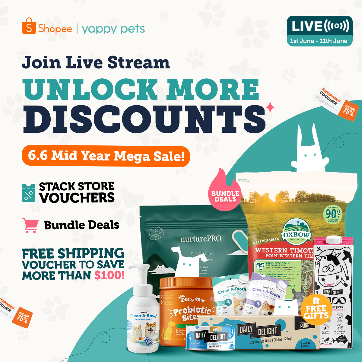 Yappy Pets Facebook ad: Mid Year Mega Sale is happening now!