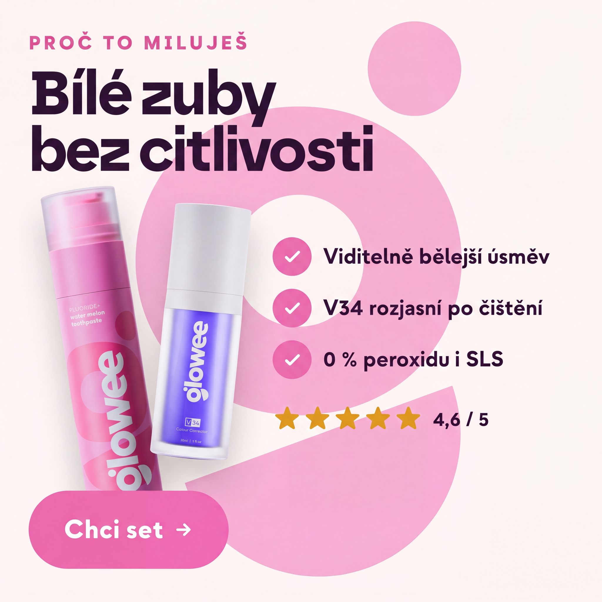 Glowee EU Facebook ad: Bílé zuby bez citlivosti