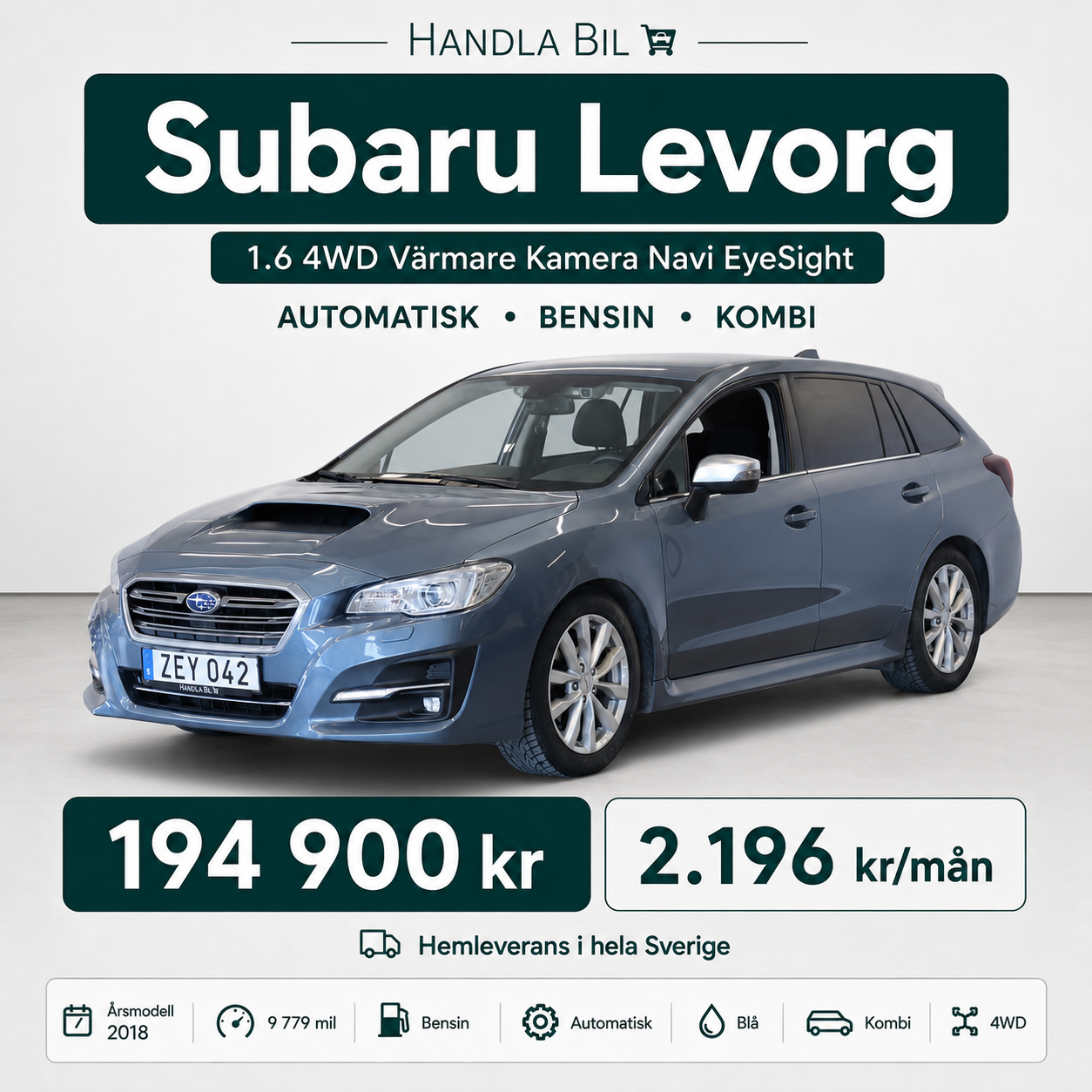 Handla Bil Facebook ad: 2018 Subaru Levorg 1.6 4WD Värmare Kamera Navi EyeSight…