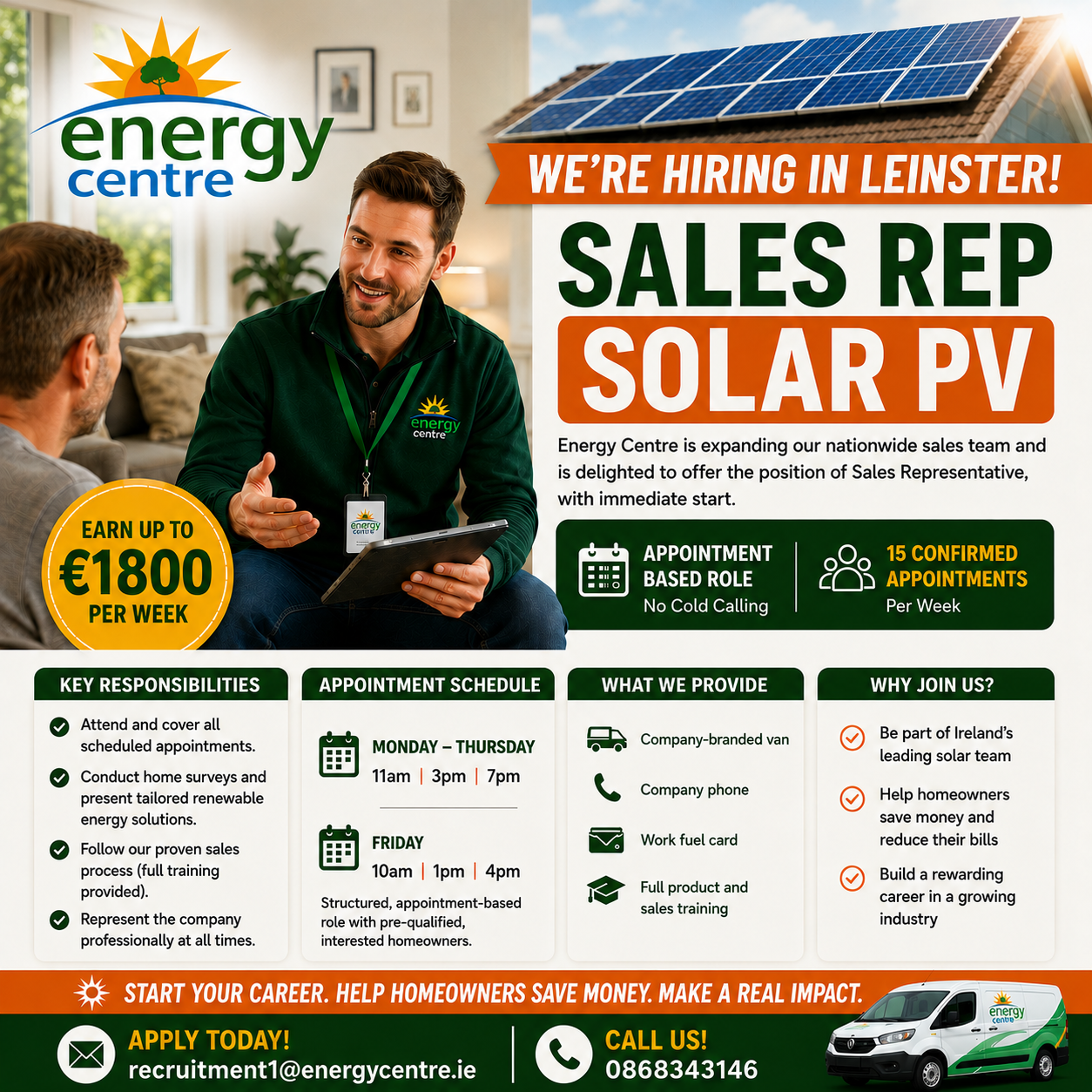 Energy Centre Facebook ad: Earn Up To €1,800/Week, Solar Sales