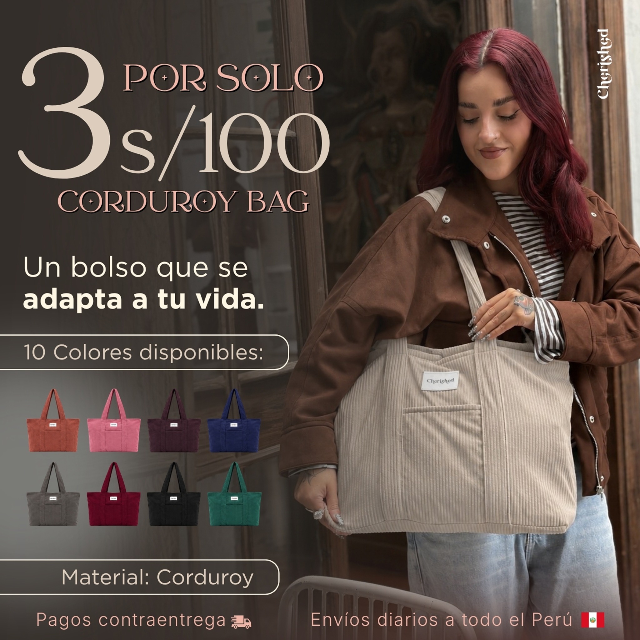 Cherished Perú Facebook ad: Bolsos Corduroy: 3 x S/100