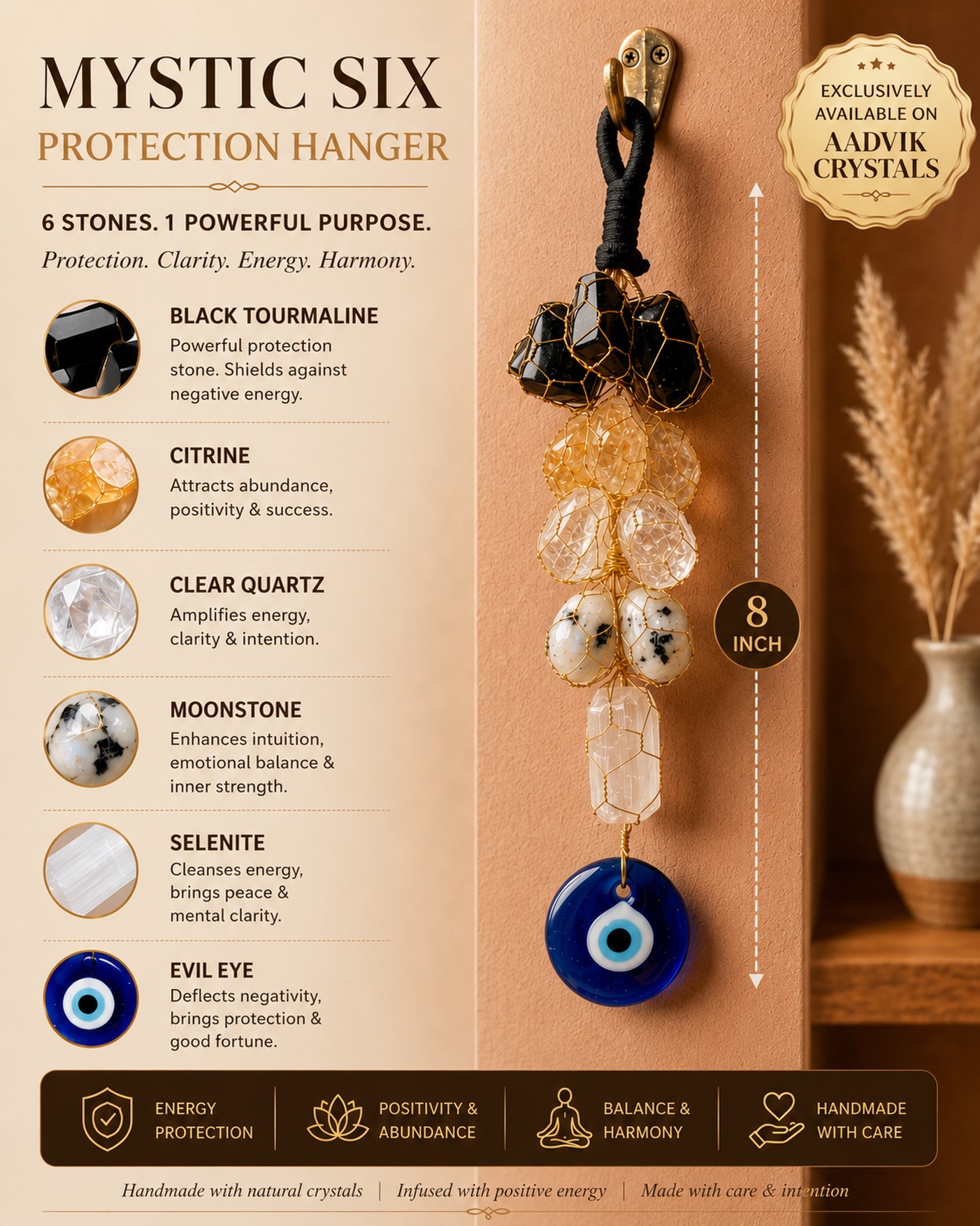 Aadvik Crystals Facebook ad: Mystic Six Protection Hanger, Six Stones.