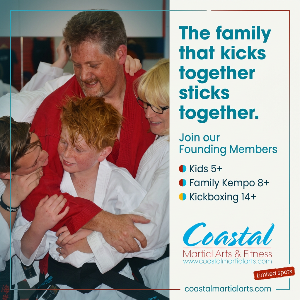 Coastal Martial Arts & Fitness Facebook ad: The family that kicks together sticks together.