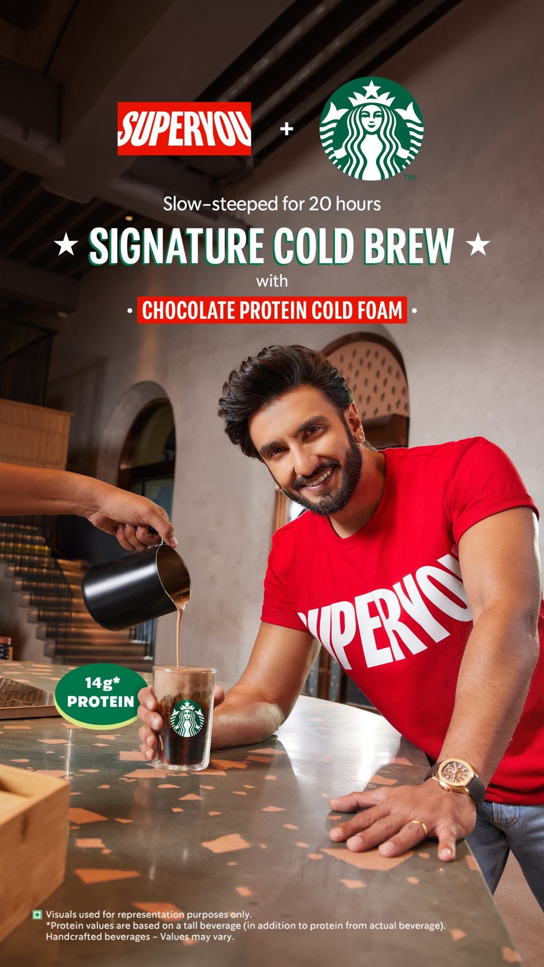 Starbucks India Facebook ad: Starbucks Cold brew and SuperYou protein sitting on…