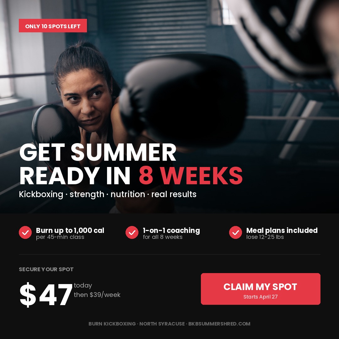 Burn Kickboxing - North Syracuse Facebook ad: Strong & Fitter You: Shred Starts July 1st