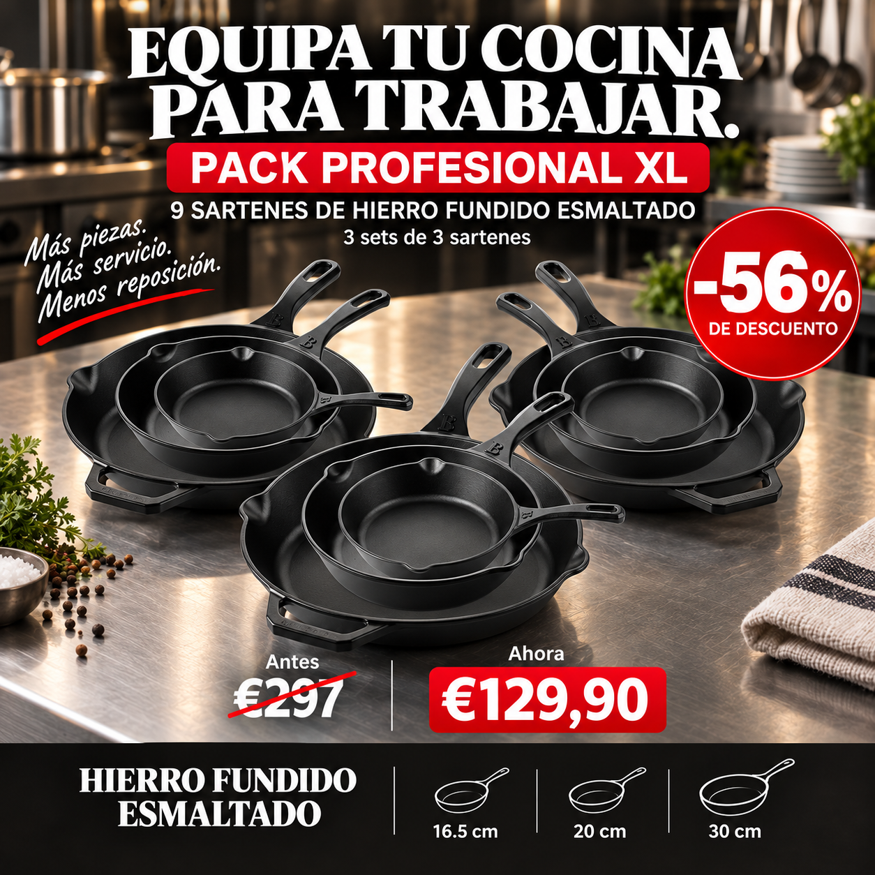 Bruselas Cocina Spain Facebook ad: Pack XL 9 Sartenes Profesional -56%