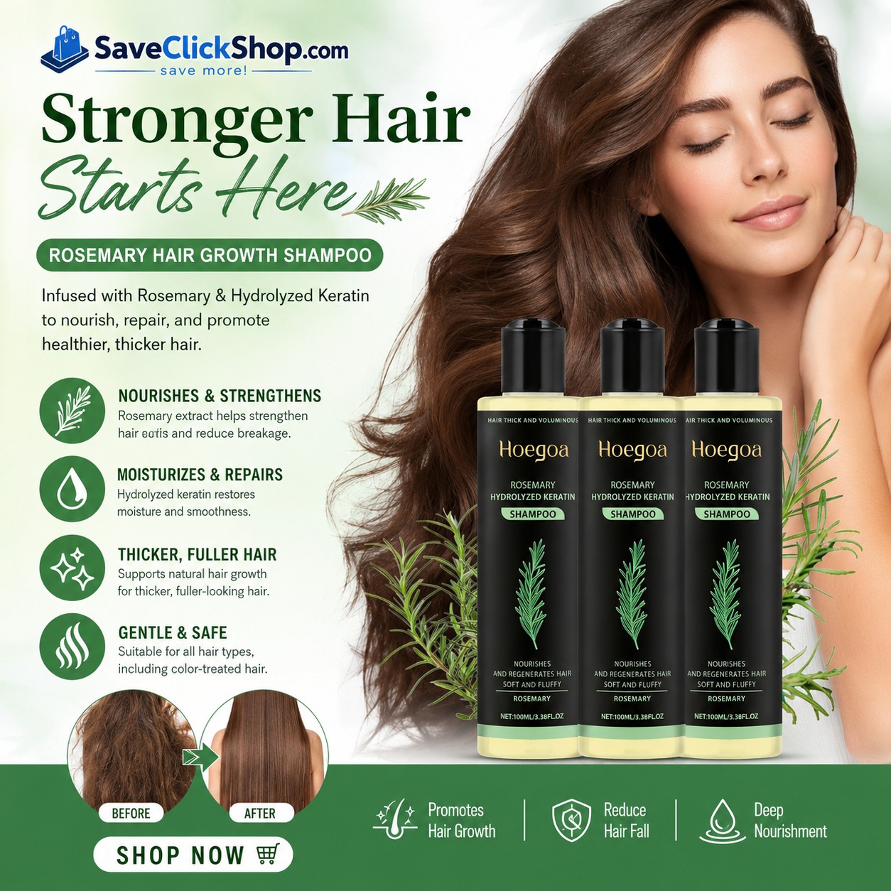 Save Click Shop Facebook ad: Hoegoa Rosemary Hair Growth Shampoo - Thickening &…