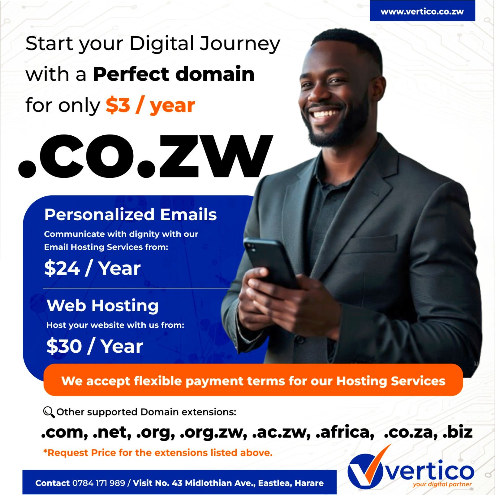 Vertico Solutions Facebook ad: At Vertico Solutions, we can register your.co.zw domain…