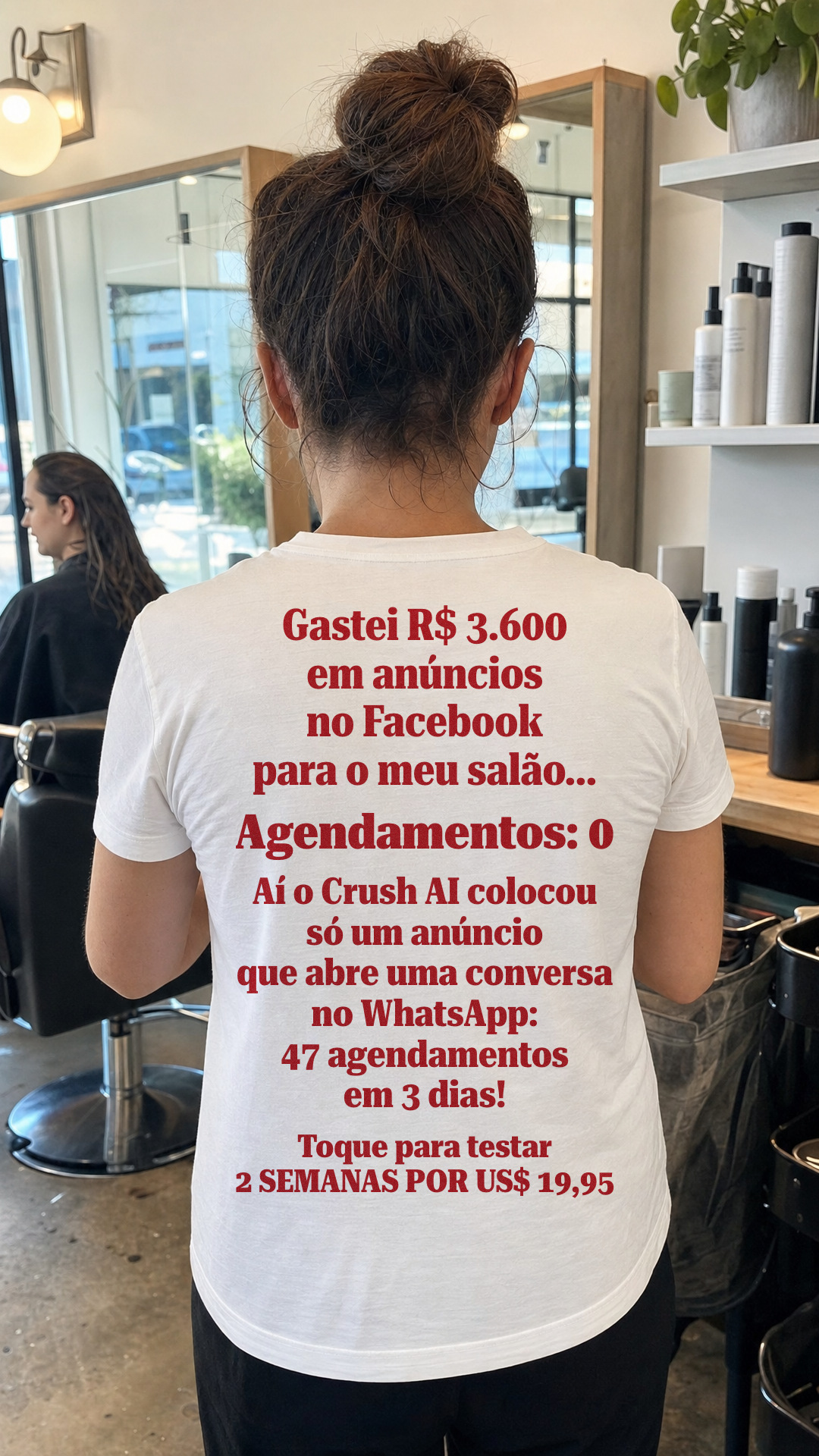 trycrush.ai Facebook ad: R$ 3.600 e 0 agendamentos. 47 em 3 dias