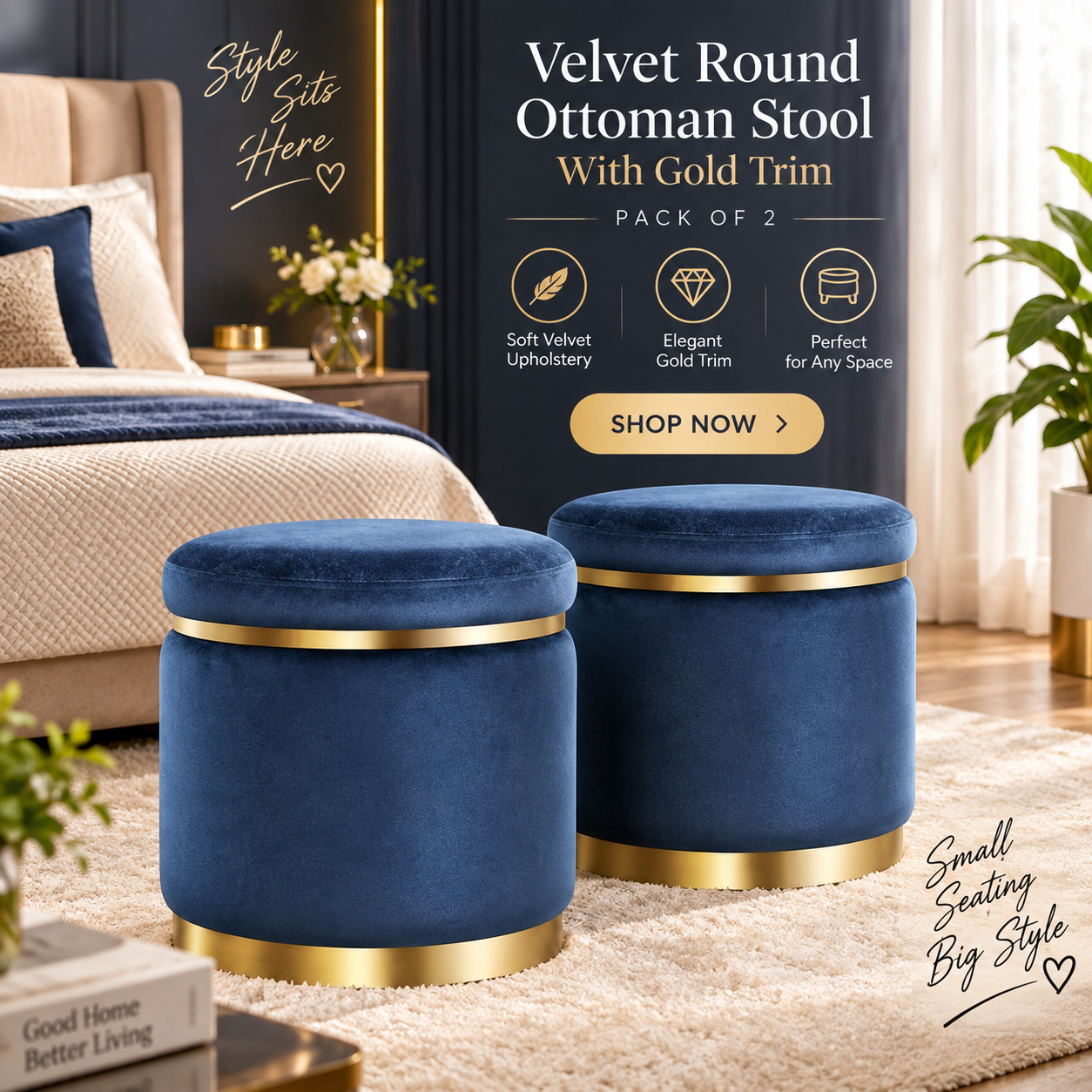 Viapradhan Facebook ad: Shop Velvet Round Ottoman Stool With Gold Trim Now!