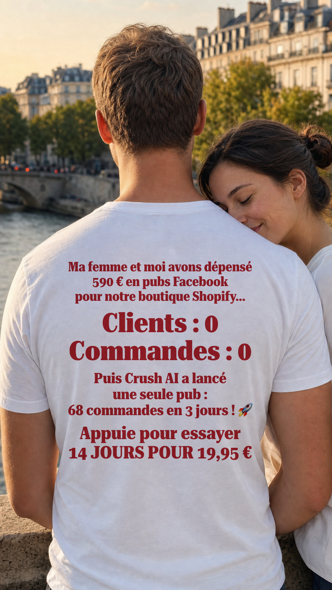 trycrush.ai Facebook ad: 590 € et 0 commande. Puis 68 en 3 jours.