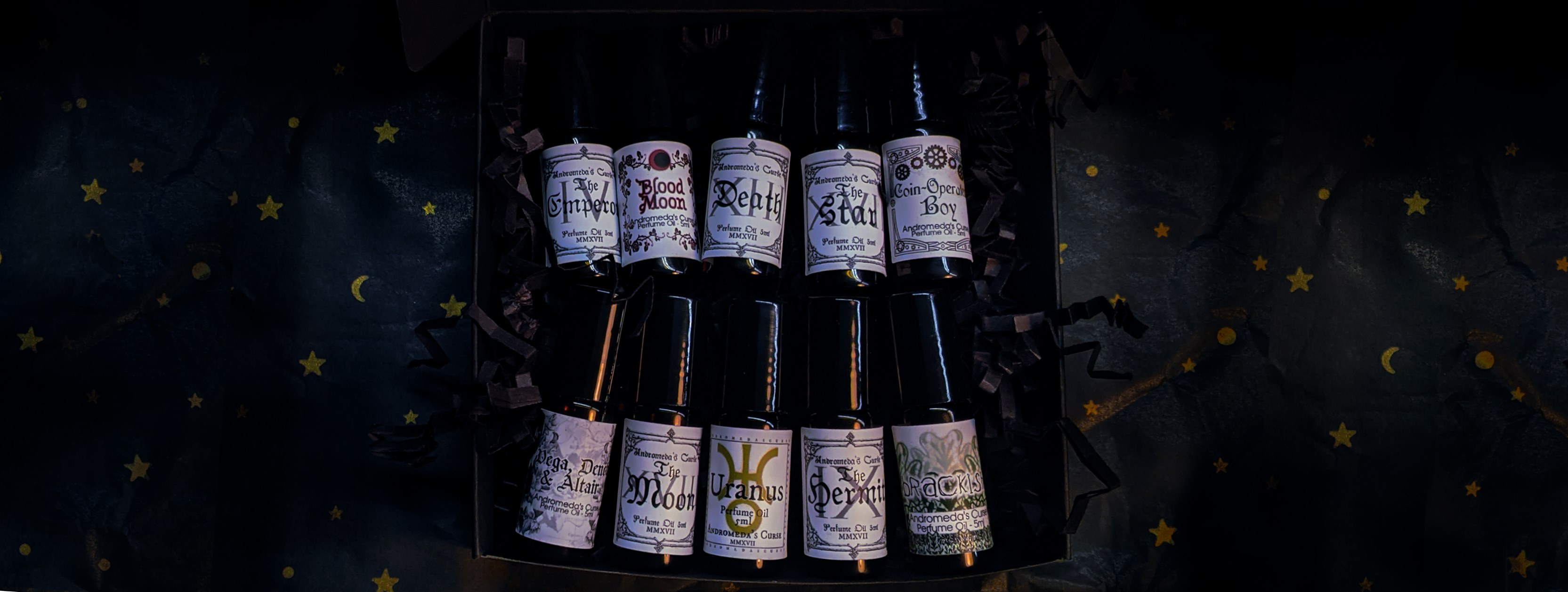 Andromeda's Curse Facebook ad: Perfume Oils for the Darkly Inclined
