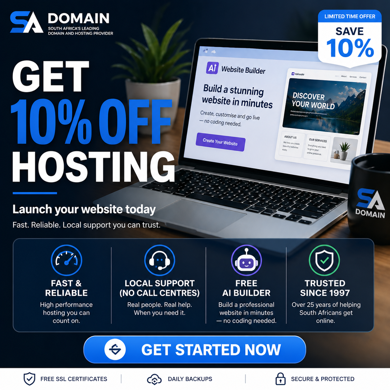 SA Domain Internet Facebook ad: Build Your Website Today, Save 10%