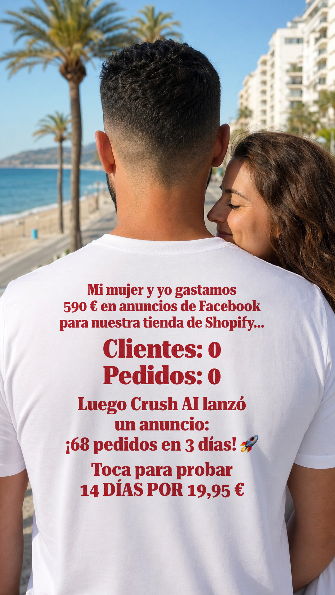 trycrush.ai Facebook ad: 590 € y 0 pedidos. Luego, 68 en 3 días