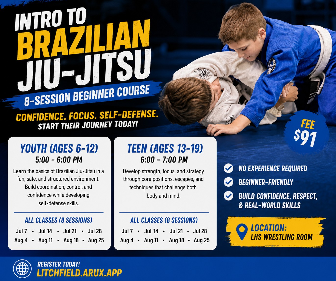 Great Lakes Combatives Facebook ad: Intro to Brazilian Jiu Jitsu Ages 6-19