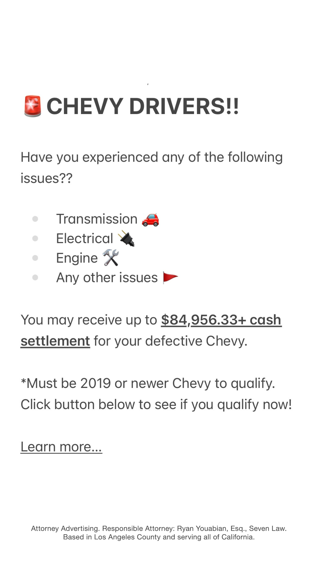 Seven Law Group, APC - Lemon Law Lawyers Facebook ad