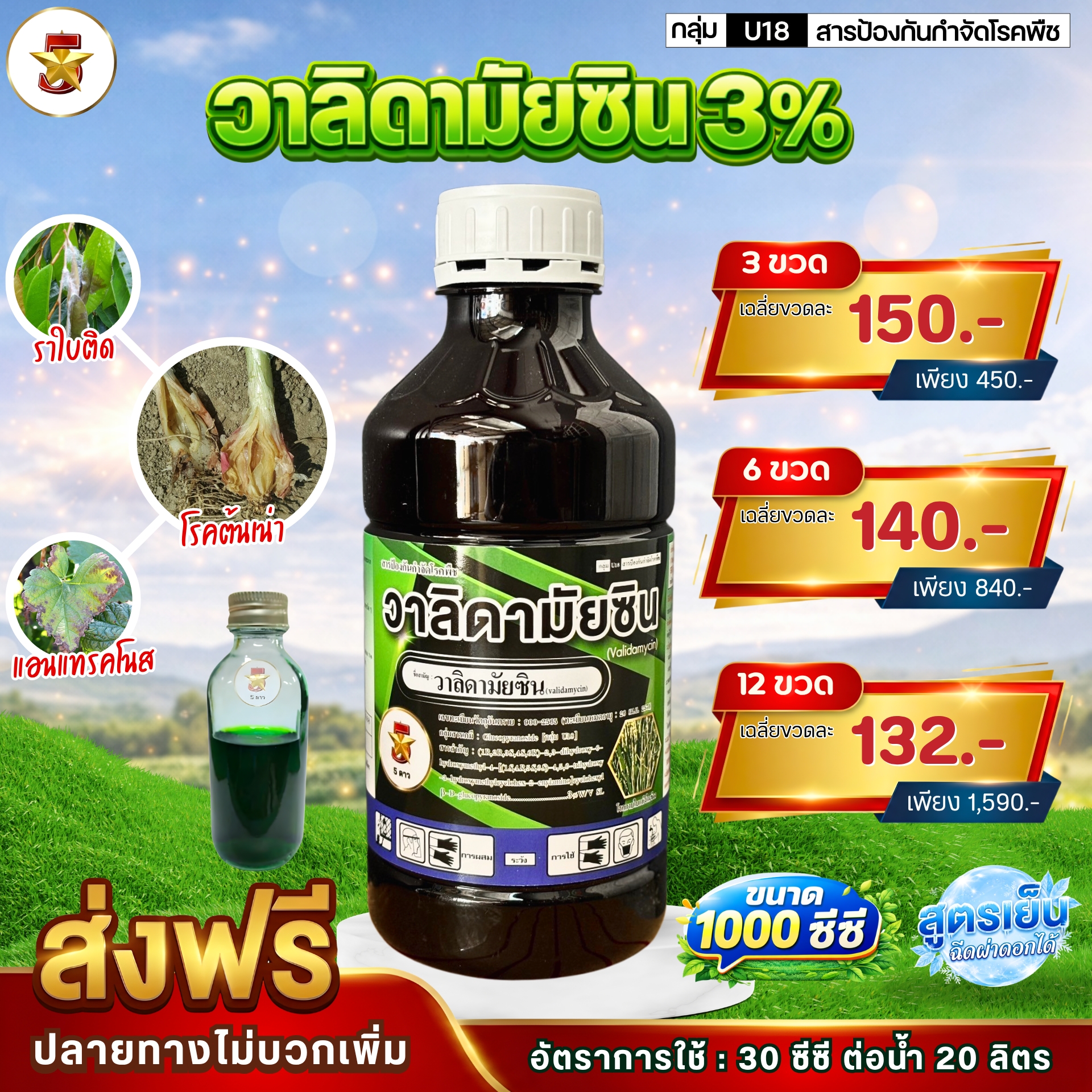 เกษตร 5 ดาว Facebook ad: วาลิดามัยซิน 3% ใบติด โคนเน่าก็เอาอยู่