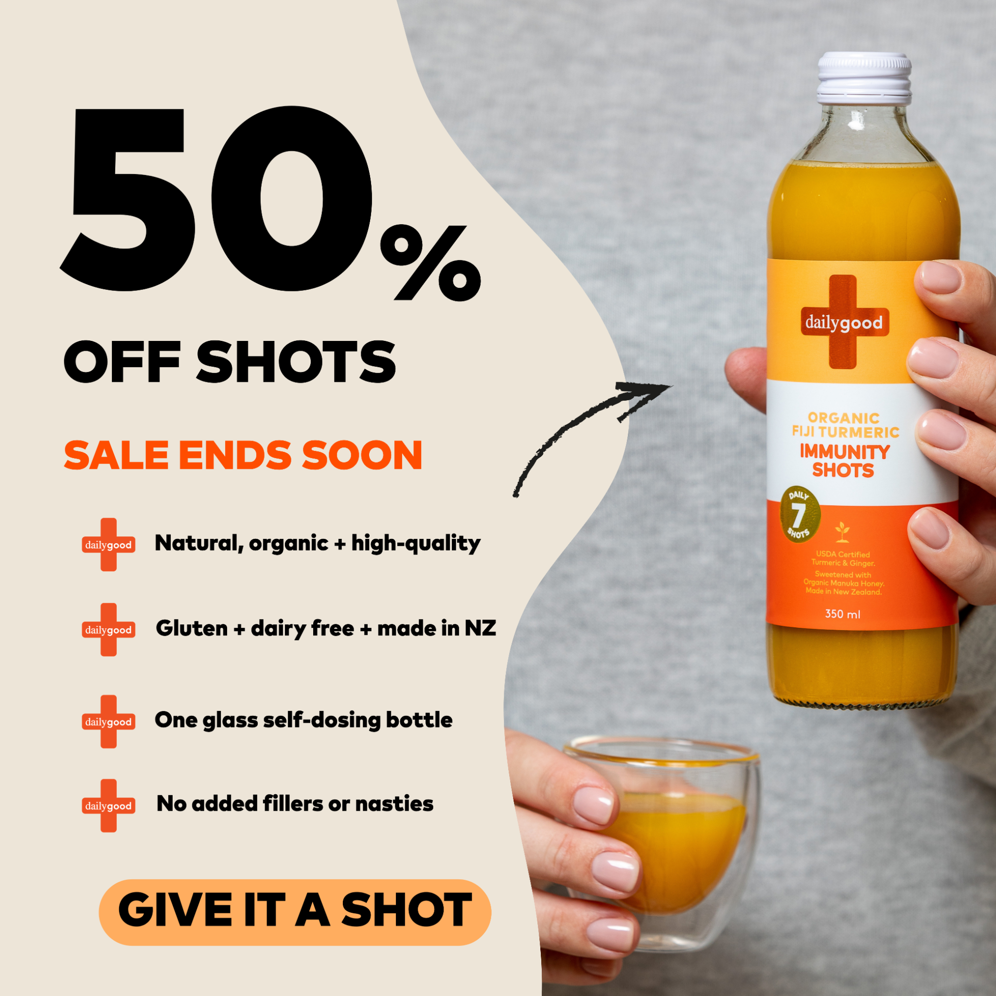 Daily Good Immunity Shots Facebook ad: 50% OFF - Use code REFRESH50