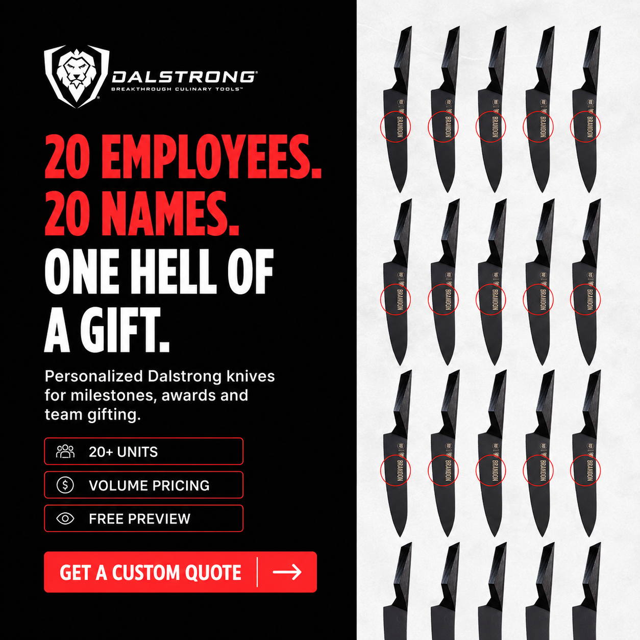 Dalstrong Facebook ad: Bulk Engraved Gifts, One Logo