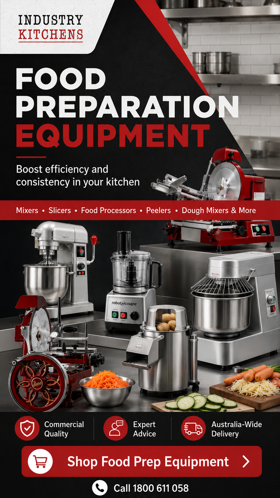 Industry Kitchens Facebook ad: Shop commercial kitchen prep equipment online.