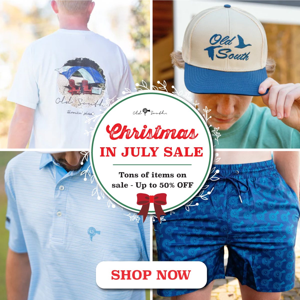 Old South Apparel Facebook ad: UP TO 50% OFF. Christmas in July Sale!