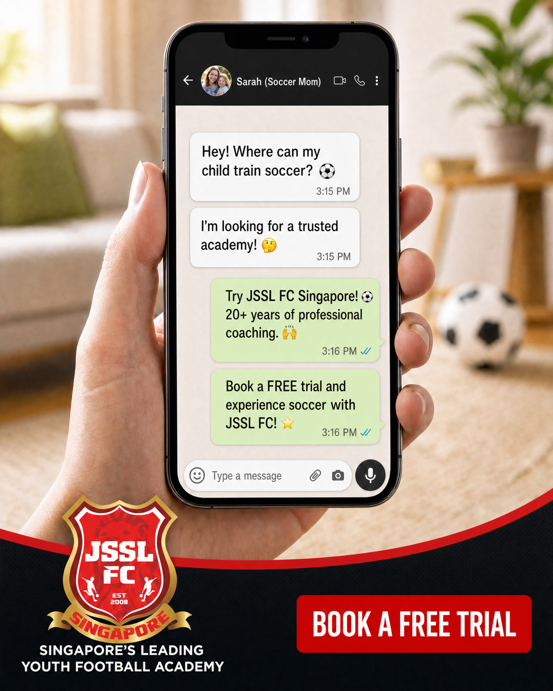 JSSL Singapore Facebook ad: Give Your Kids the Best Soccer Training, Try 3 Free Classes!