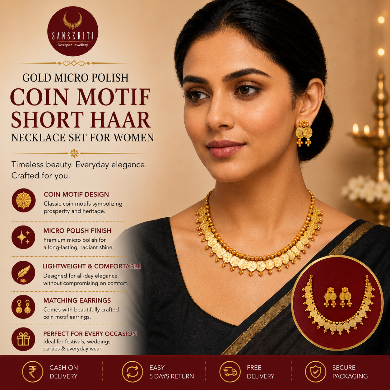 Sanskriti Designer Jewellery Facebook ad: Buy Gold Micro Polish Coin Motif Short Haar Necklace Set!