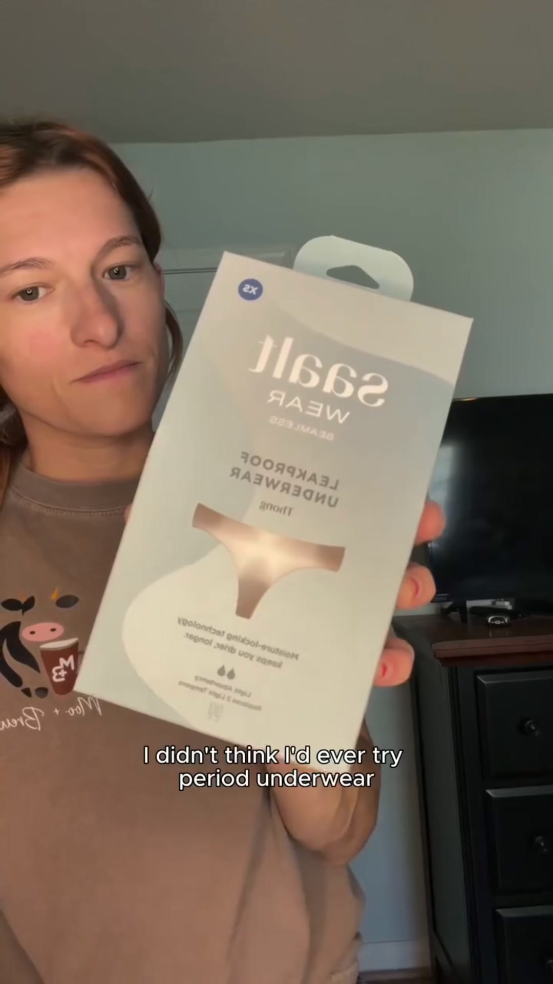 Saaltco Facebook ad: My first time trying period underwear.