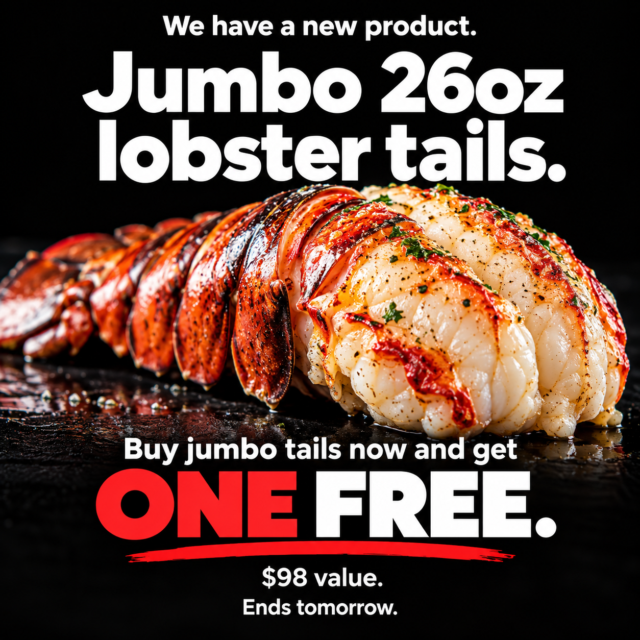 PrimeFish Seafood Co. Facebook ad: FREE 26oz Jumbo Tail ($98 Value)