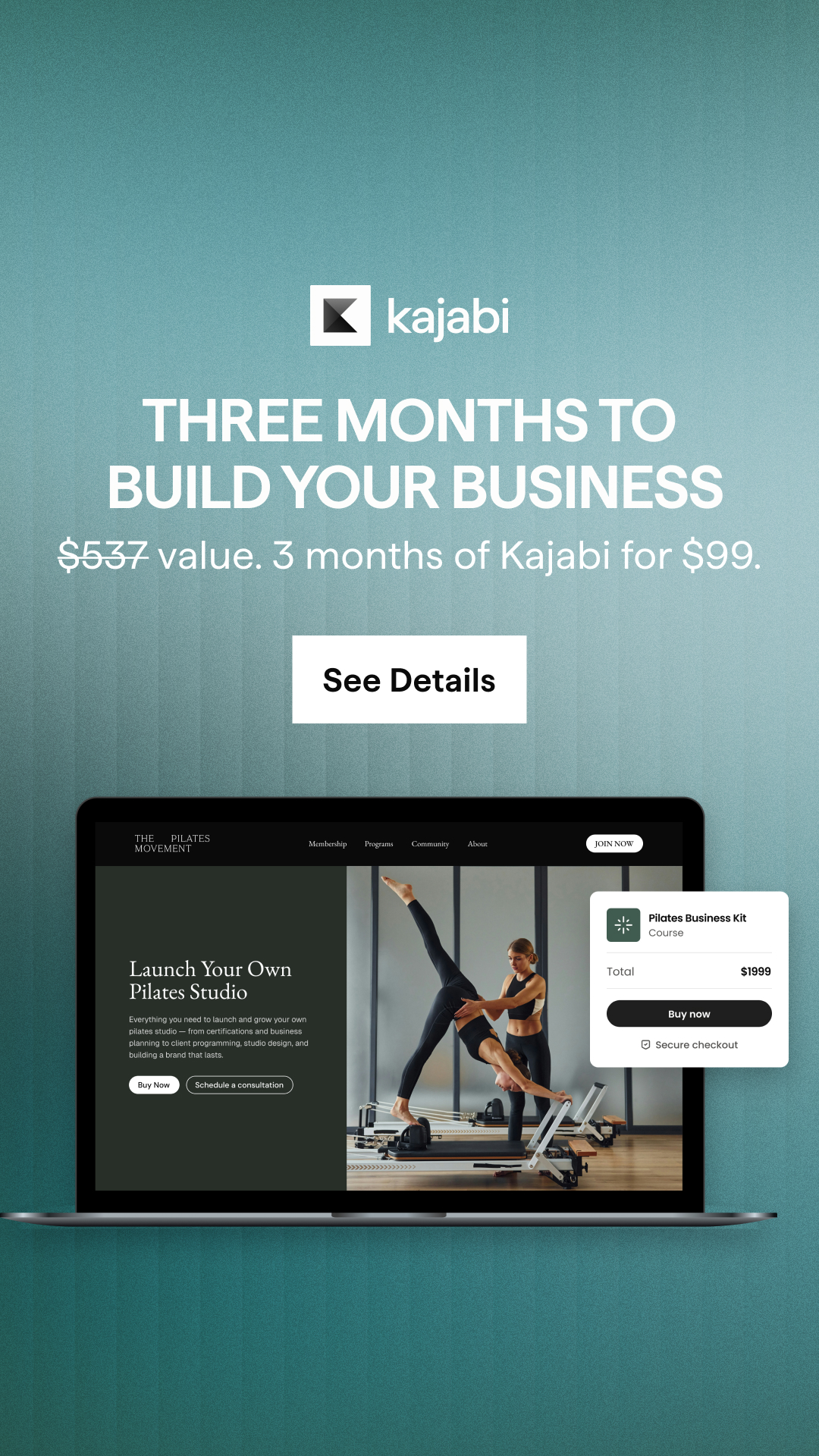 Kajabi Facebook ad: Three months. One platform. Unlimited potential.