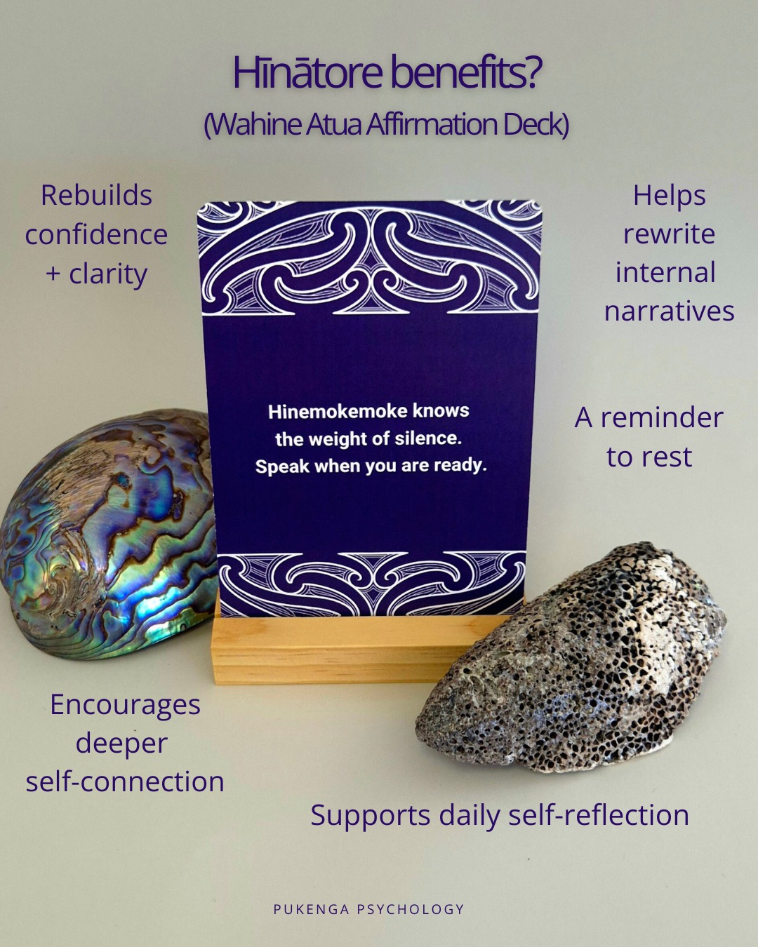 Pūkenga Psychology Facebook ad: Hīnātore: Affirmation + Atua Wāhine Deck (64 Cards)