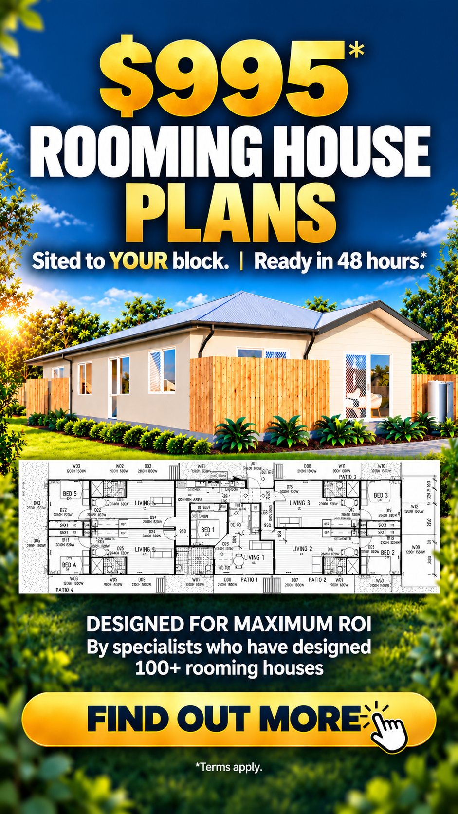 High Yield Property Club Facebook ad: $995* Gold Standard Rooming House Plans. Sited to YOUR…