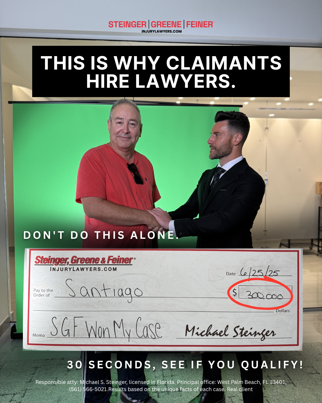 Steinger, Greene & Feiner Injury Lawyers Facebook ad: See if you have a case today!