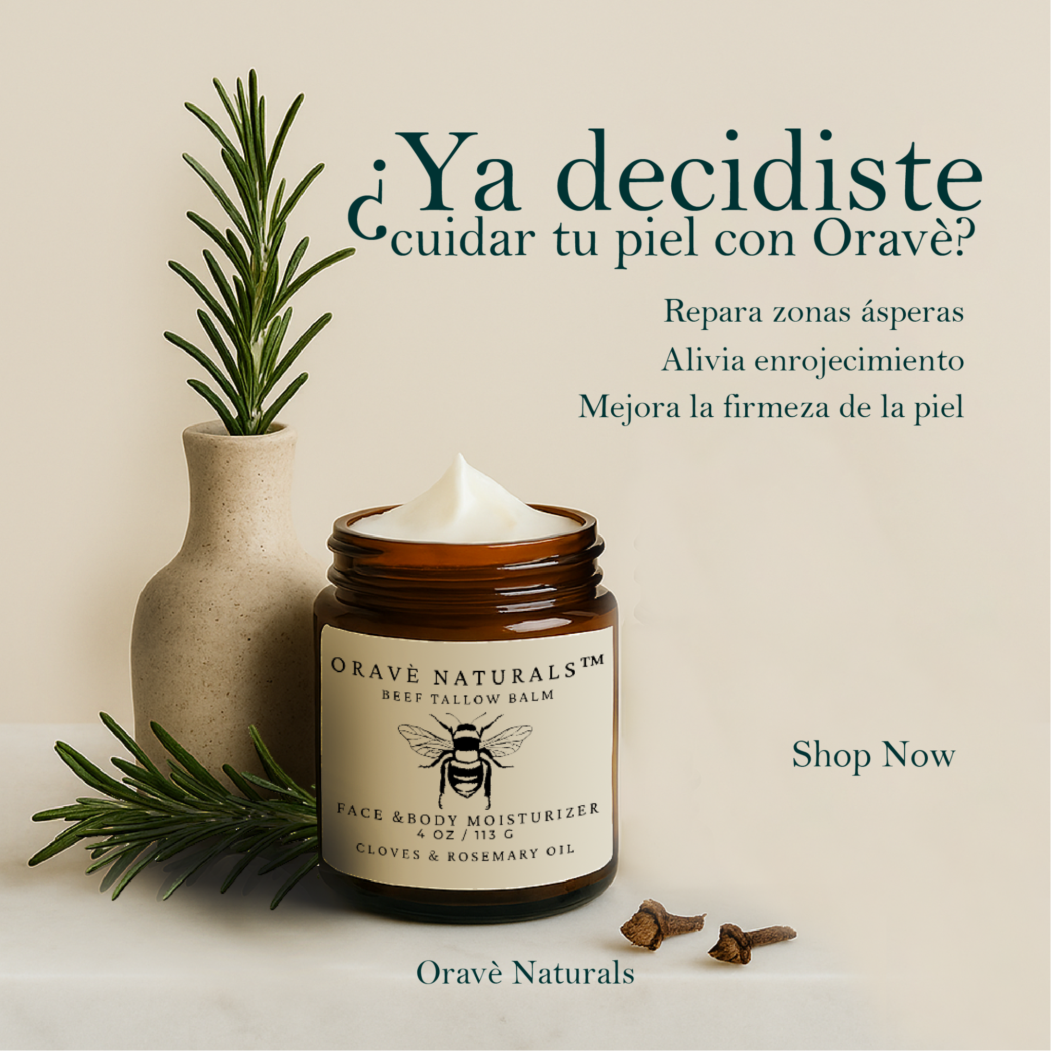 Oravè Naturals Facebook ad: Crema humectante 100% Natural