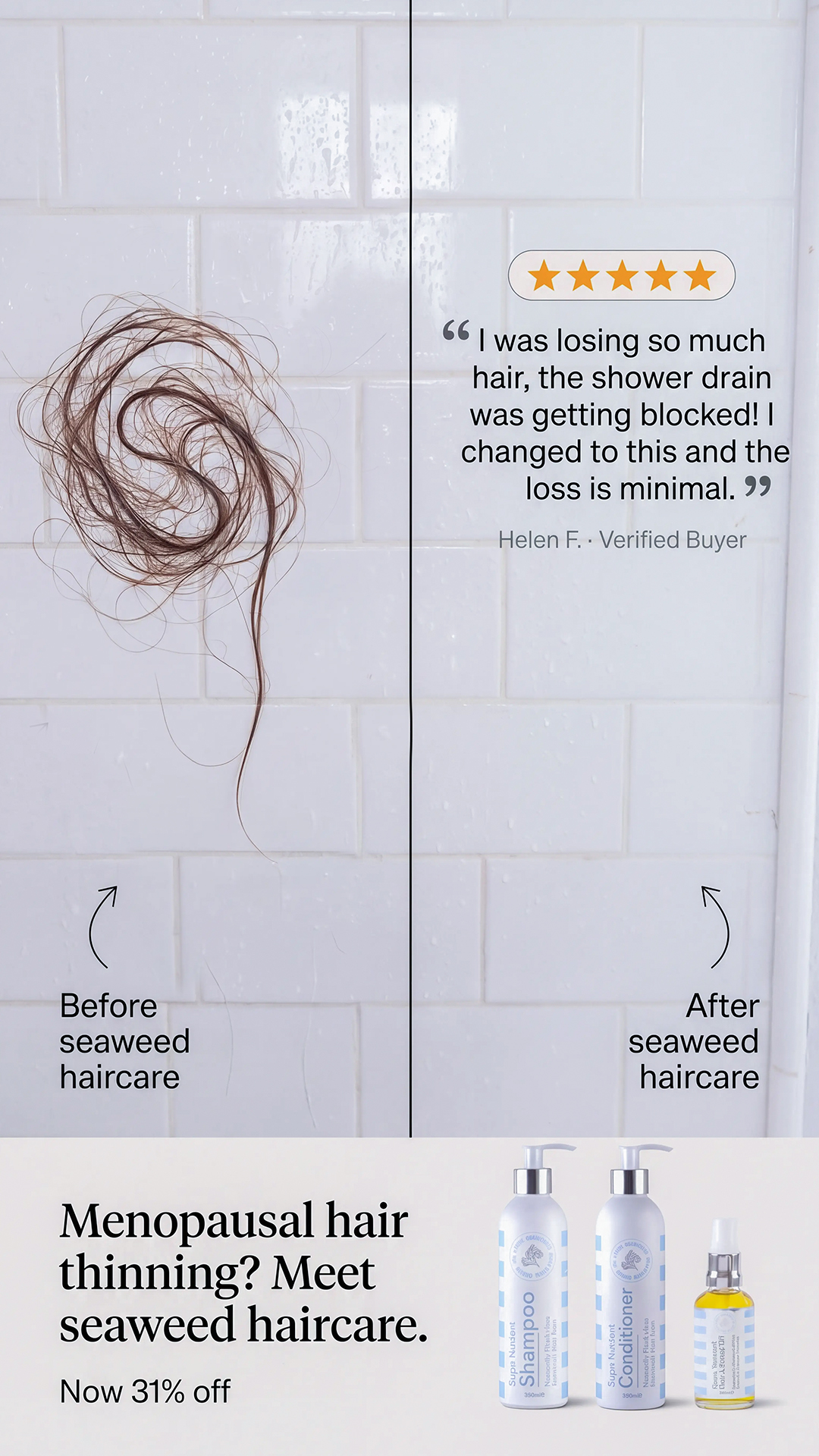 The Cornish Seaweed Bath Company Facebook ad: More Growth. Less Shedding.
