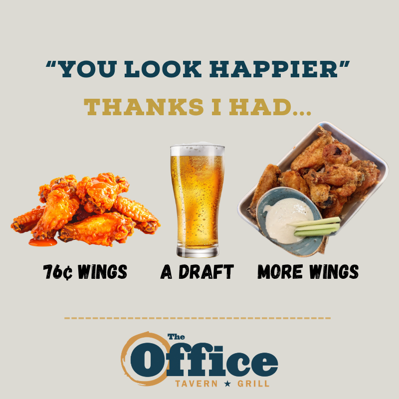 The Office Tavern Grill Facebook ad: 76¢ Wing Happiness Served Daily