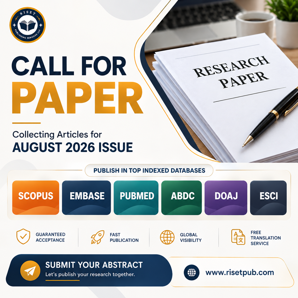 Riset Publishing Services LLC Facebook ad: Publish Your Research | August 2026 Issue