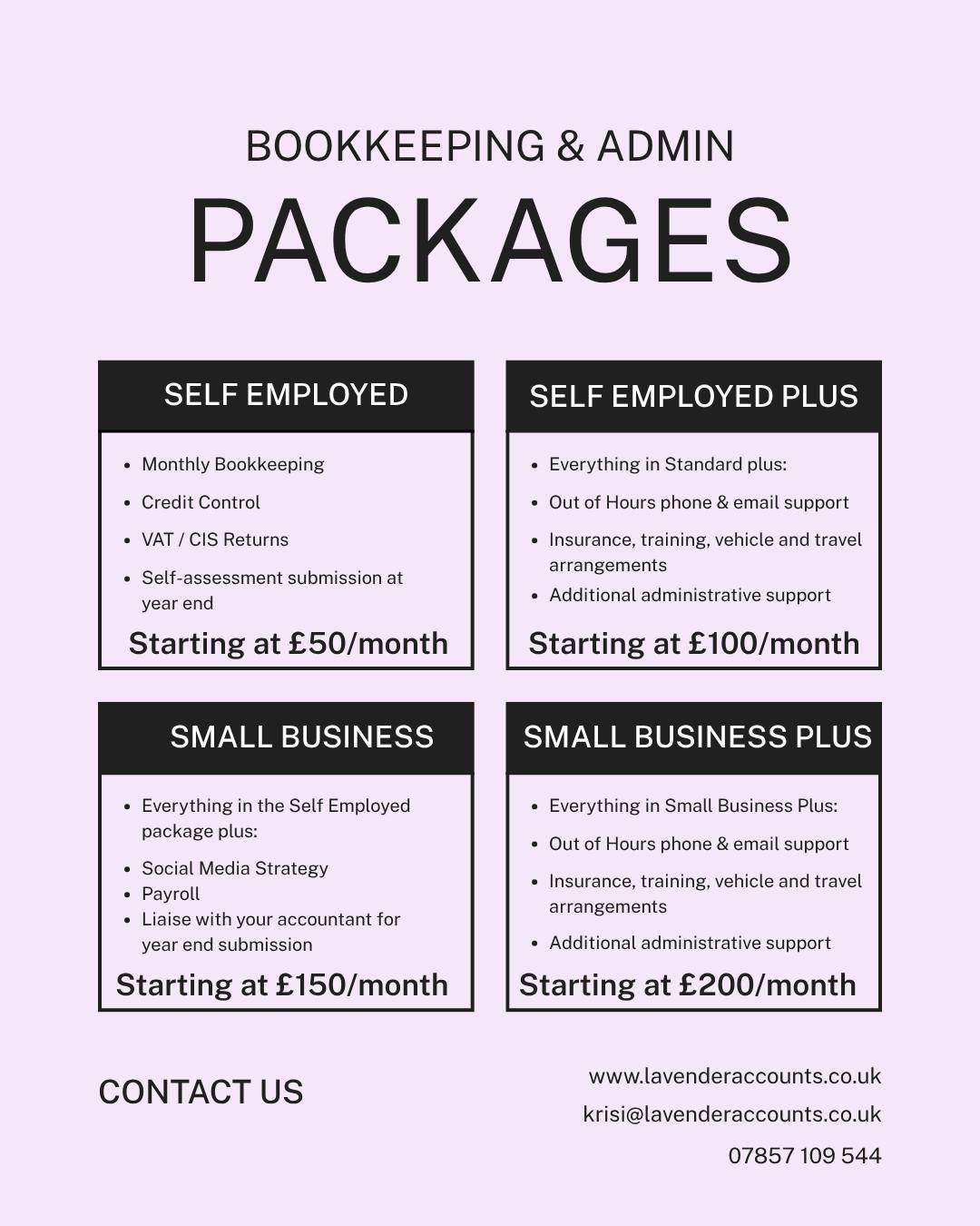 Lavender Bookkeeping Services Facebook ad: Bookkeeping & admin support packages now available!