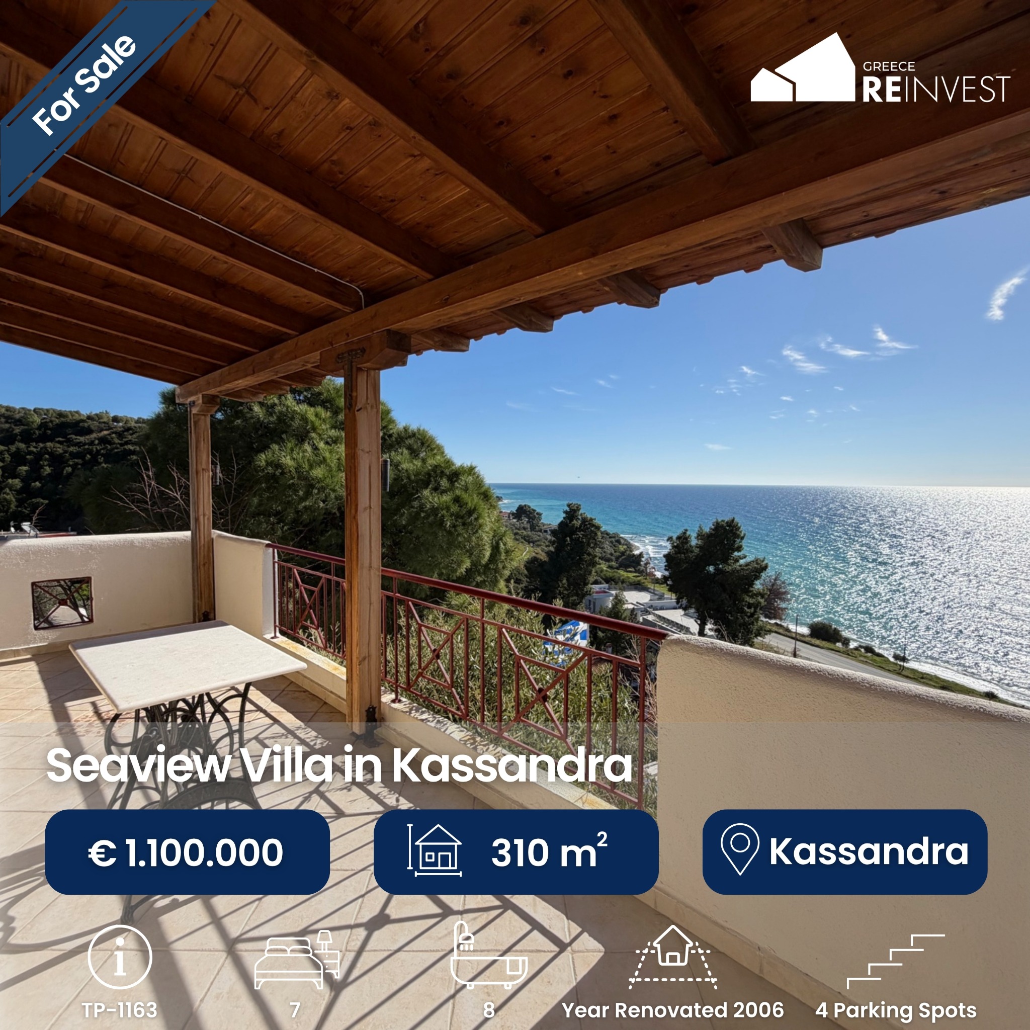 REInvest Greece Facebook ad: Seaview villa for sale in Kassandra, Chalkidiki