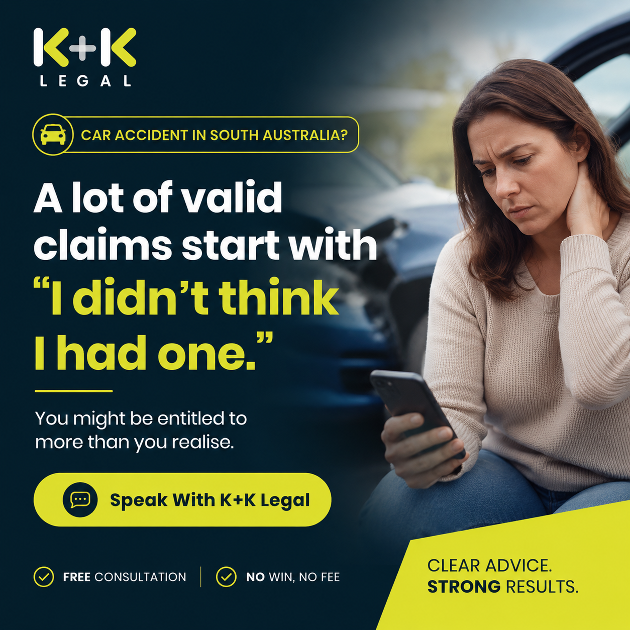 K + K Legal Facebook ad: Free Claim Check, No Win, No Fee