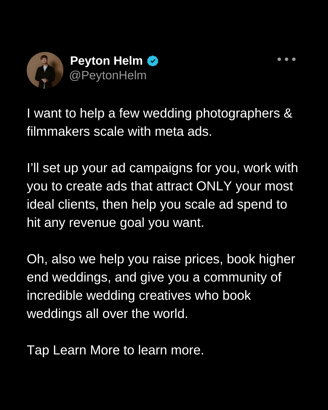 Peyton Helm Facebook ad: Wedding Photographers & Filmmakers