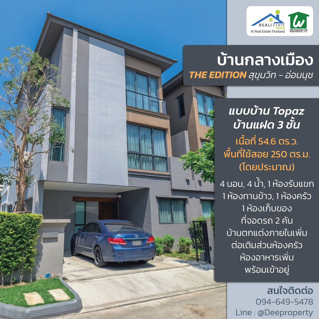 รับฝากขาย ฝากเช่า จำนอง ขายฝาก บ้าน ที่ดิน คอนโดมิเนียม by Ai Winner Estate Facebook ad: บ้านหรูสุขุมวิท77-อ่อนนุช 3 ชั้น 54.6 ตรว.