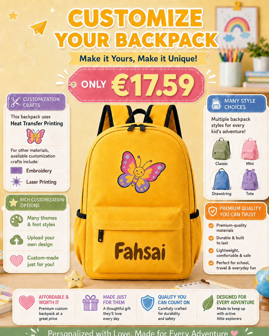 VellGift Facebook ad: Custom Kids’ Backpacks | Embroidery & Printing