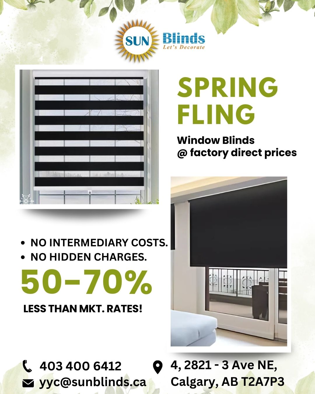 Sun Blinds YYC Facebook ad: Big Spring Savings Are Blooming!