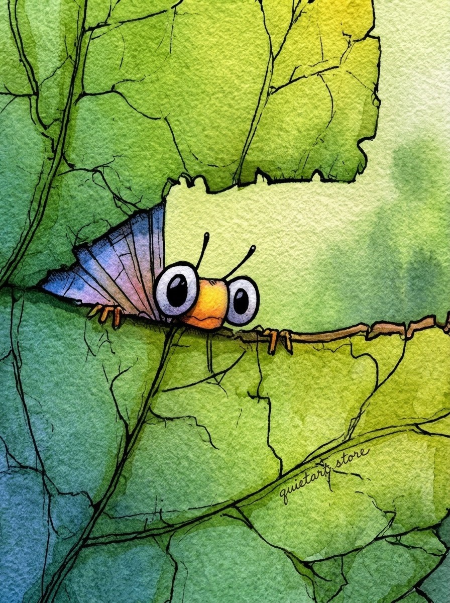 My hobby is Watercolor Facebook ad: Dragonfly peeking from a leaf, big googly eyes.