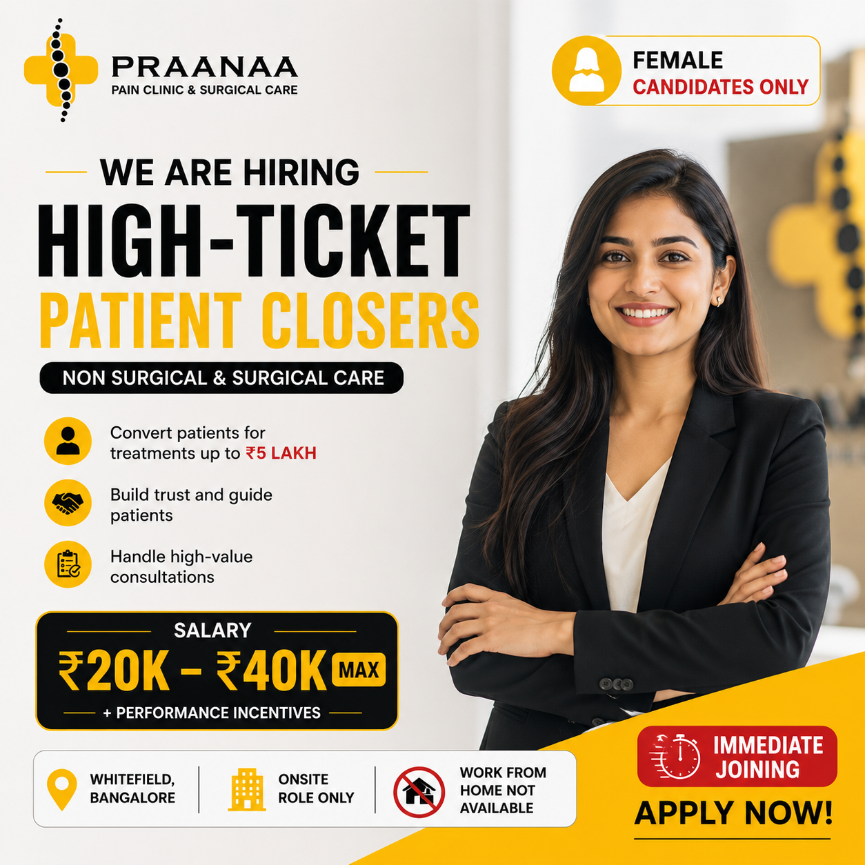 Praanaa Pain Clinic Bangalore Facebook ad: Female High-Ticket Patient Closers Wanted
