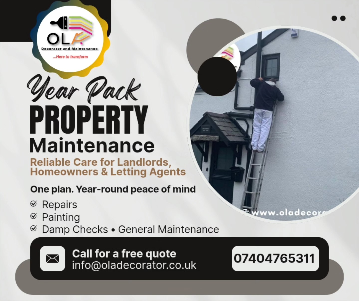 Ola Painter & Decorator Facebook ad: Property Maintenance Year Pack Reliable care for landlords…